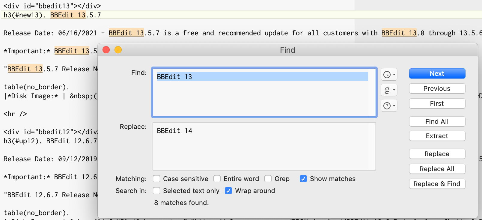 BBEdit Find 窗口