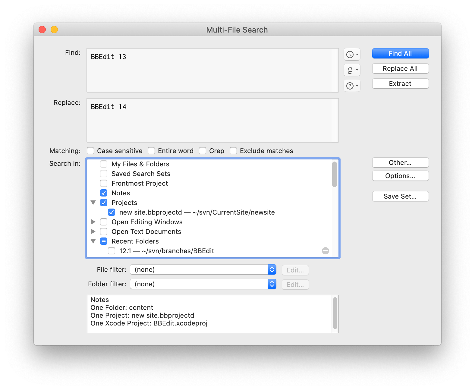 BBEdit 多文件搜索窗口